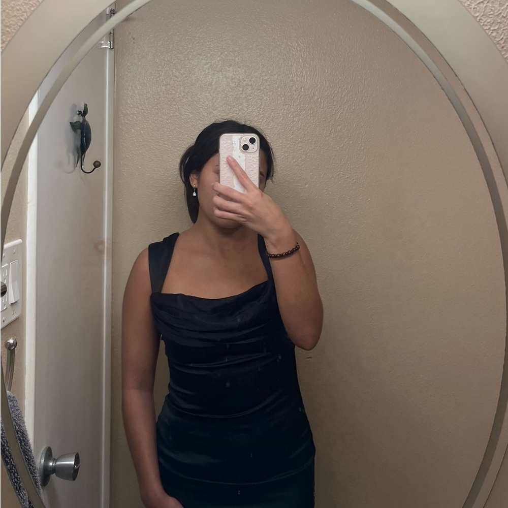 Meshki Lacey Backless Satin Maxi Dress (black, size small)